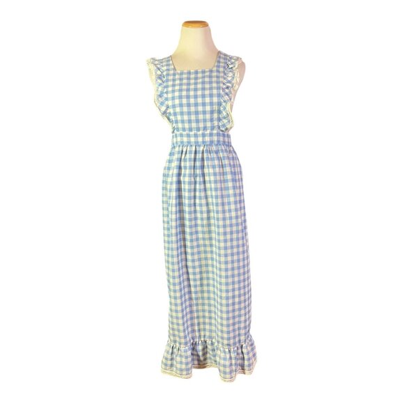 Vintage Gingham Pinafore Apron Blue White Lace Trim Cross Back Tie - Picture 1 of 10